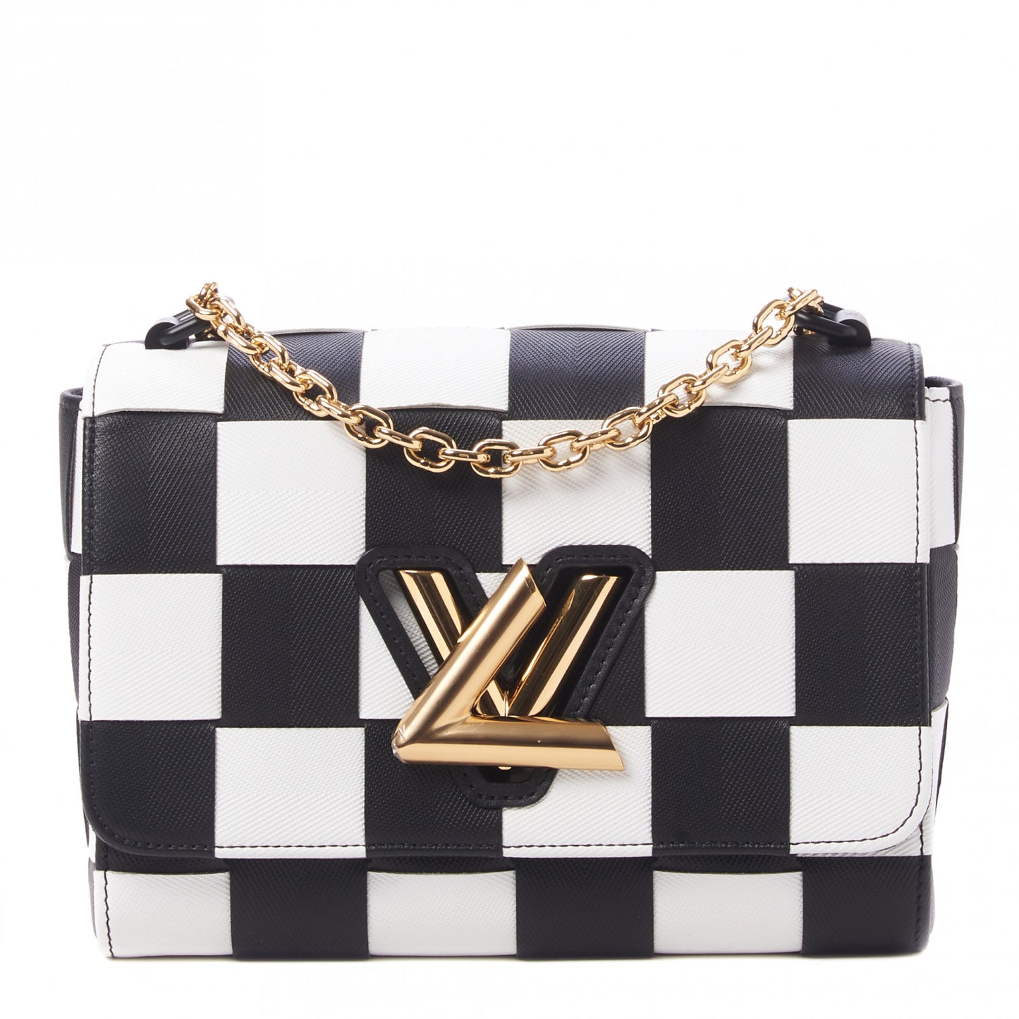 Calfskin Damier Tressage Twist Shoulder Bag MM Black White