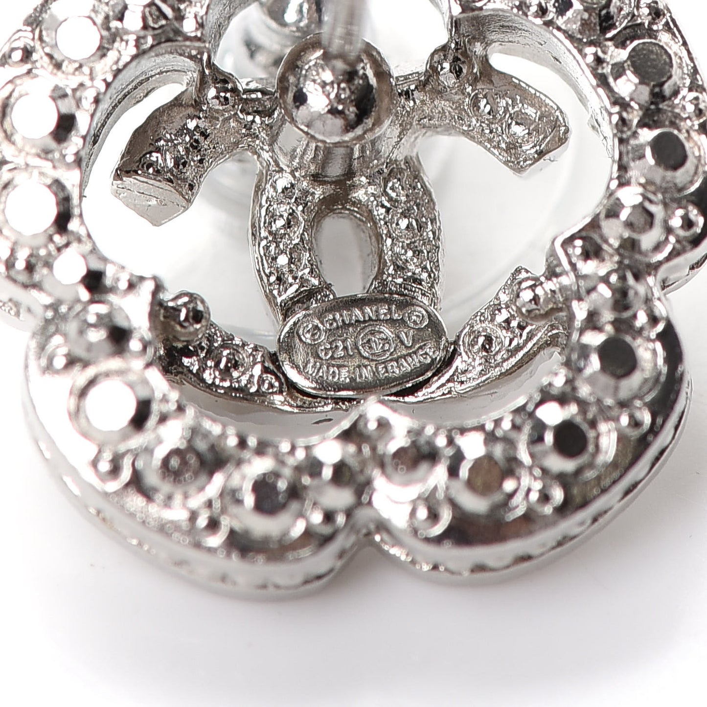 Crystal Coco Flapper Camellia CC Stud Earrings Silver