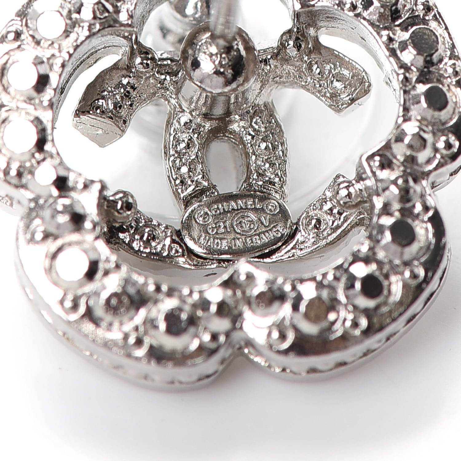 Chanel Crystal Coco Flapper Camellia CC Stud Earrings Silver 4 of 4