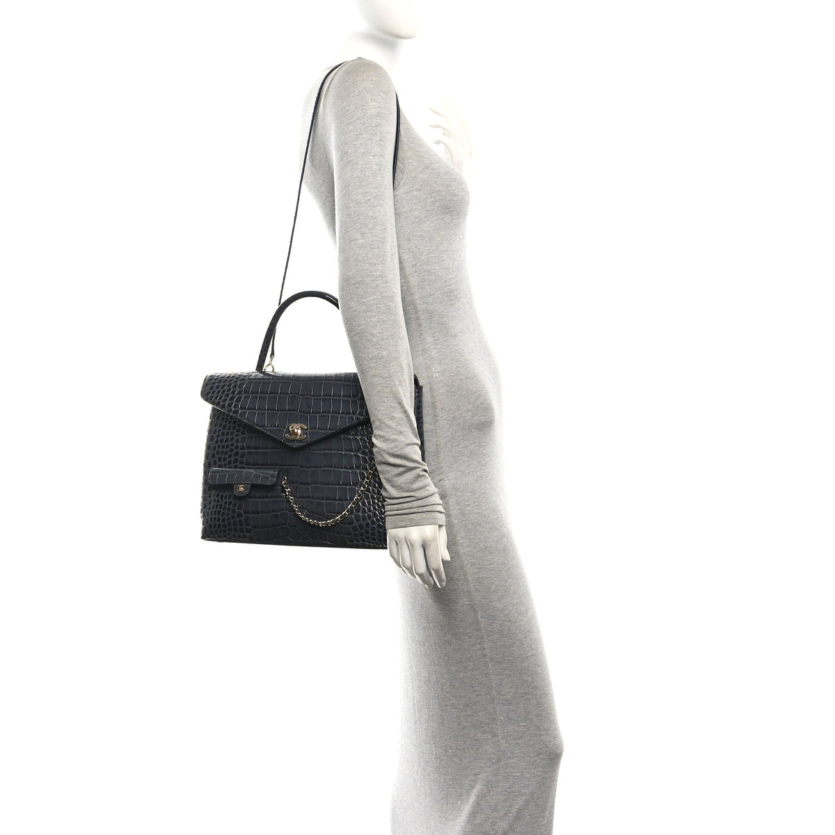 Calfskin Crocodile Embossed Fifth Avenue Maxi Flap Top Handle Bag Dark Grey