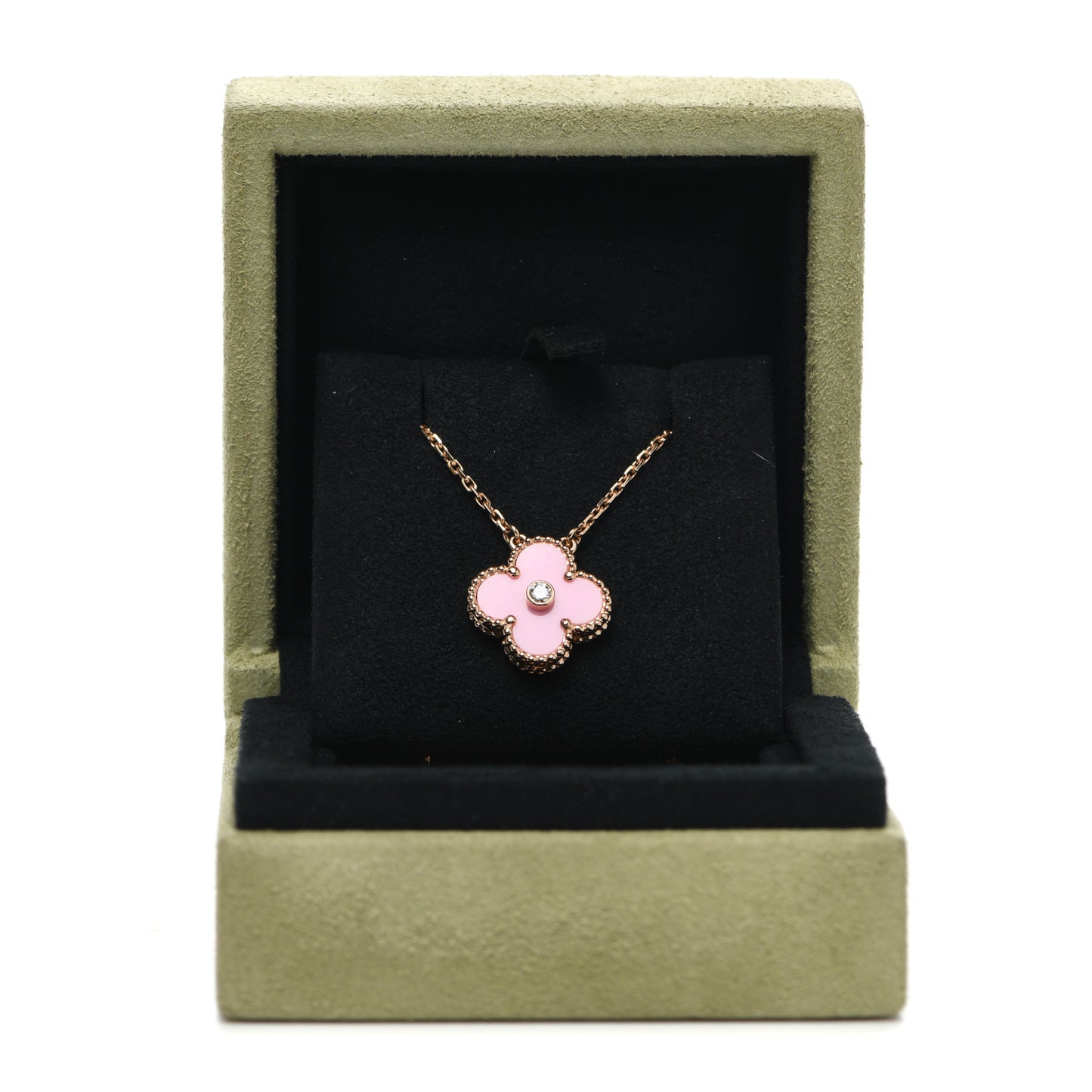 18K Rose Gold Diamond Pink Porcelain Vintage Alhambra Pendant Necklace