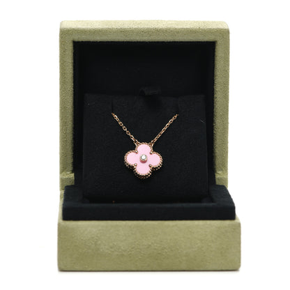 Van Cleef & Arpels 18K Rose Gold Diamond Pink Porcelain Vintage Alhambra Pendant Necklace 9 of 9
