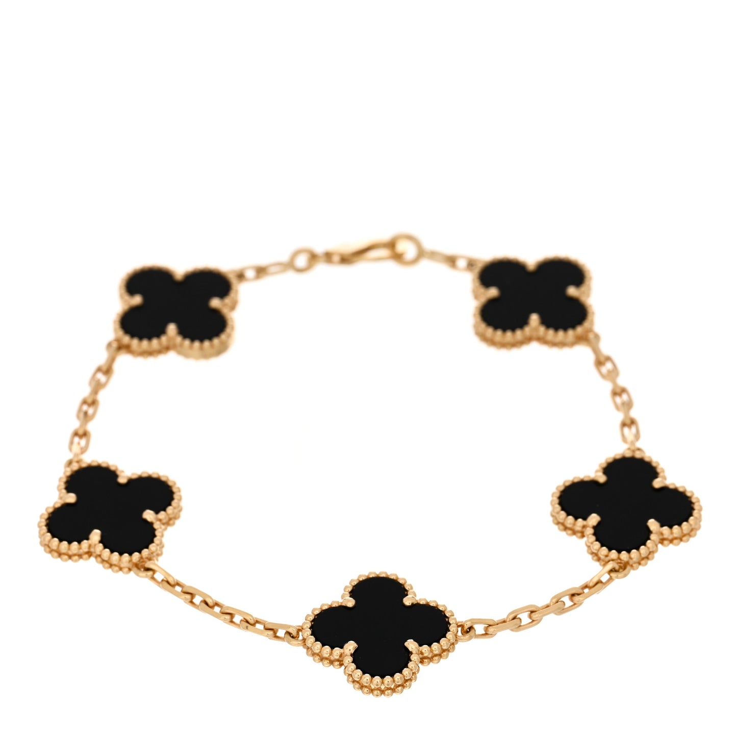 18K Yellow Gold Black Onyx 5 Motifs Vintage Alhambra Bracelet