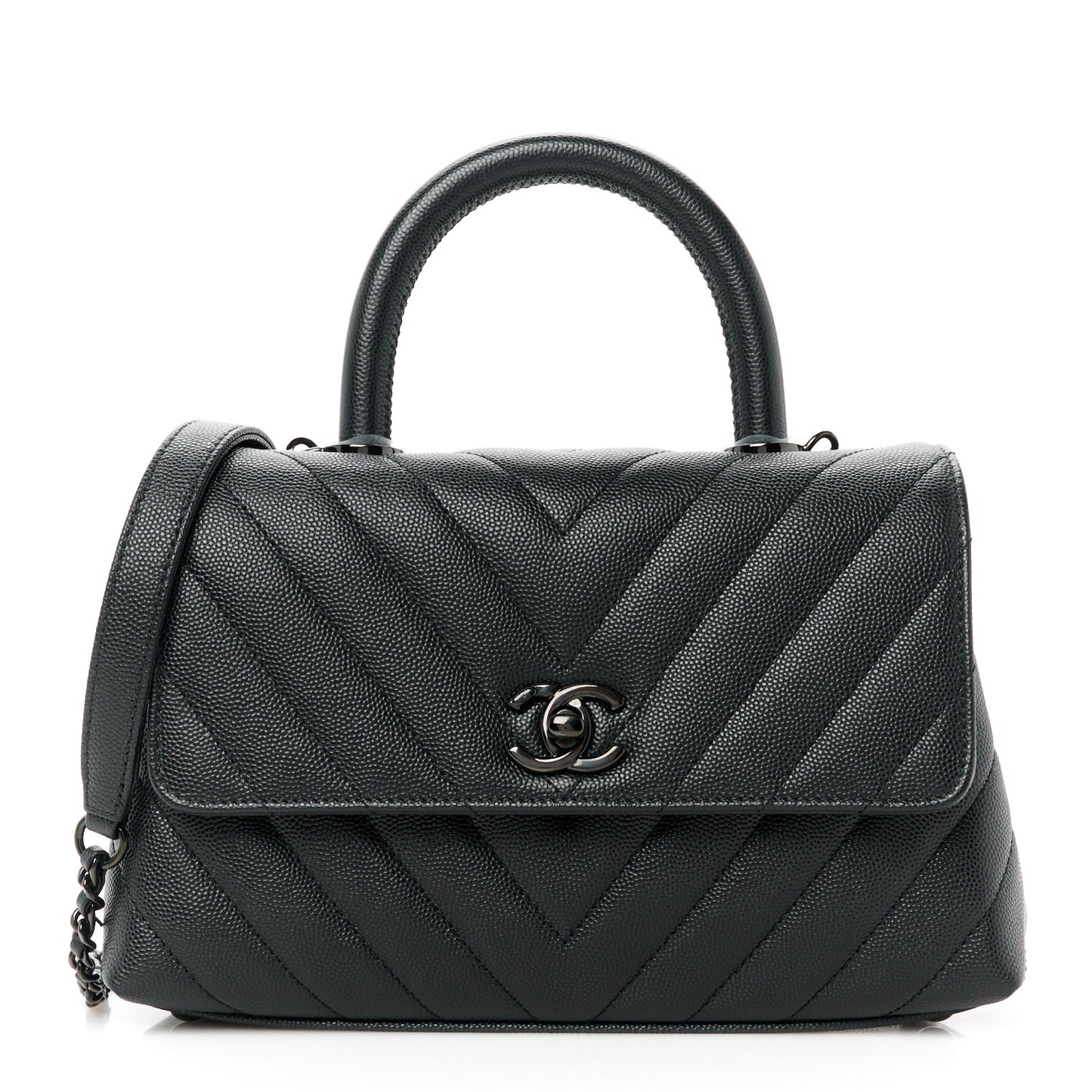 Caviar Chevron Quilted Mini Coco Handle Flap So Black