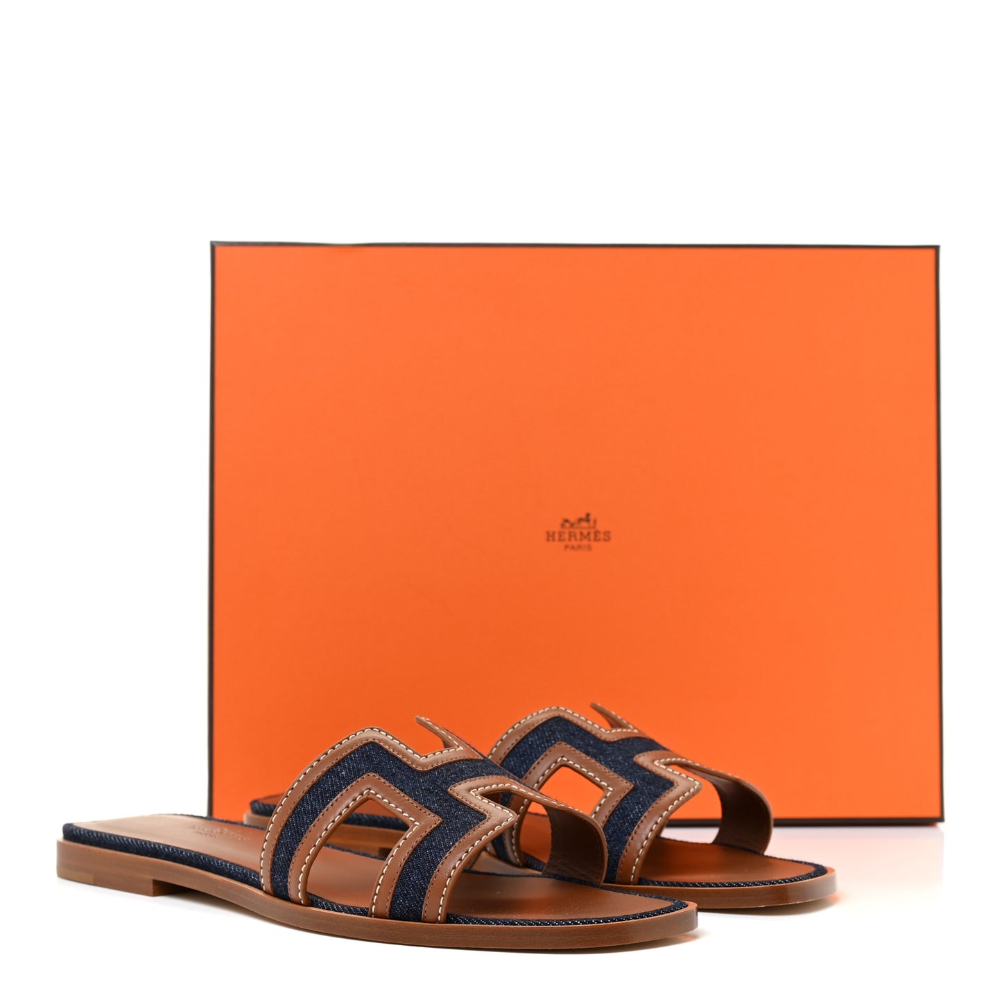 Calfskin Denim Oran Sandals 37 Bleu Brut Gold