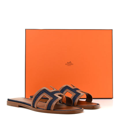 Hermes Calfskin Denim Oran Sandals 37 Bleu Brut Gold 10 of 10