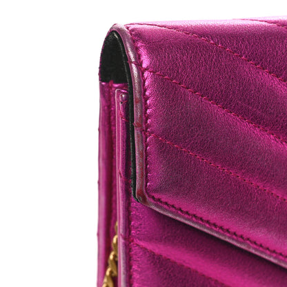 Saint Laurent Metallic Calfskin Matelasse Chevron Monogram Envelope Chain Wallet Fuchsia 9 of 10