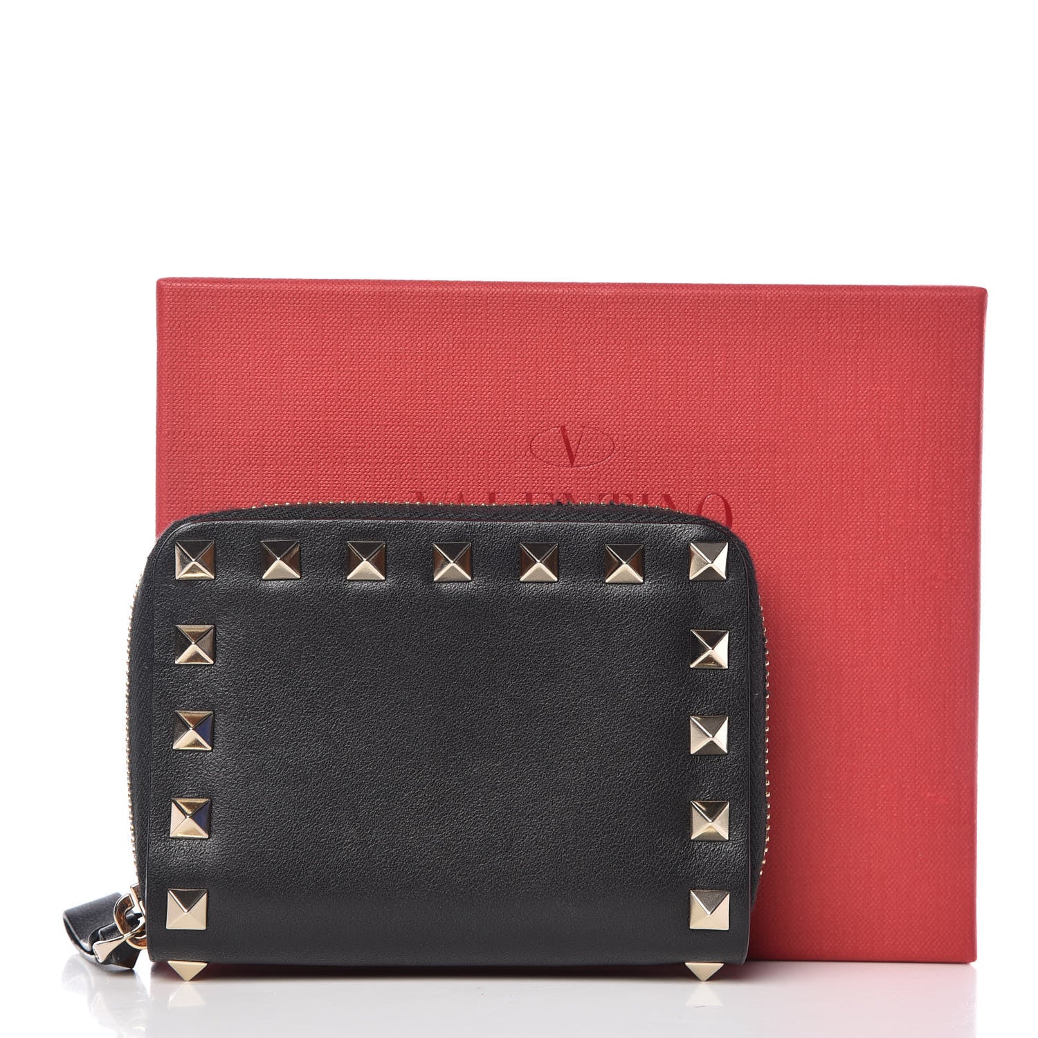 Valentino Garavani Calfskin Rockstud Zip Around Coin Case Card Holder Black 8 of 8