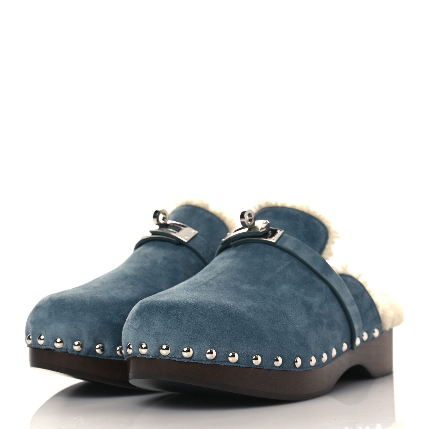 Hermes Suede Goatskin Woolskin Carlotta Mules 37 Bleu Pinede 3 of 8