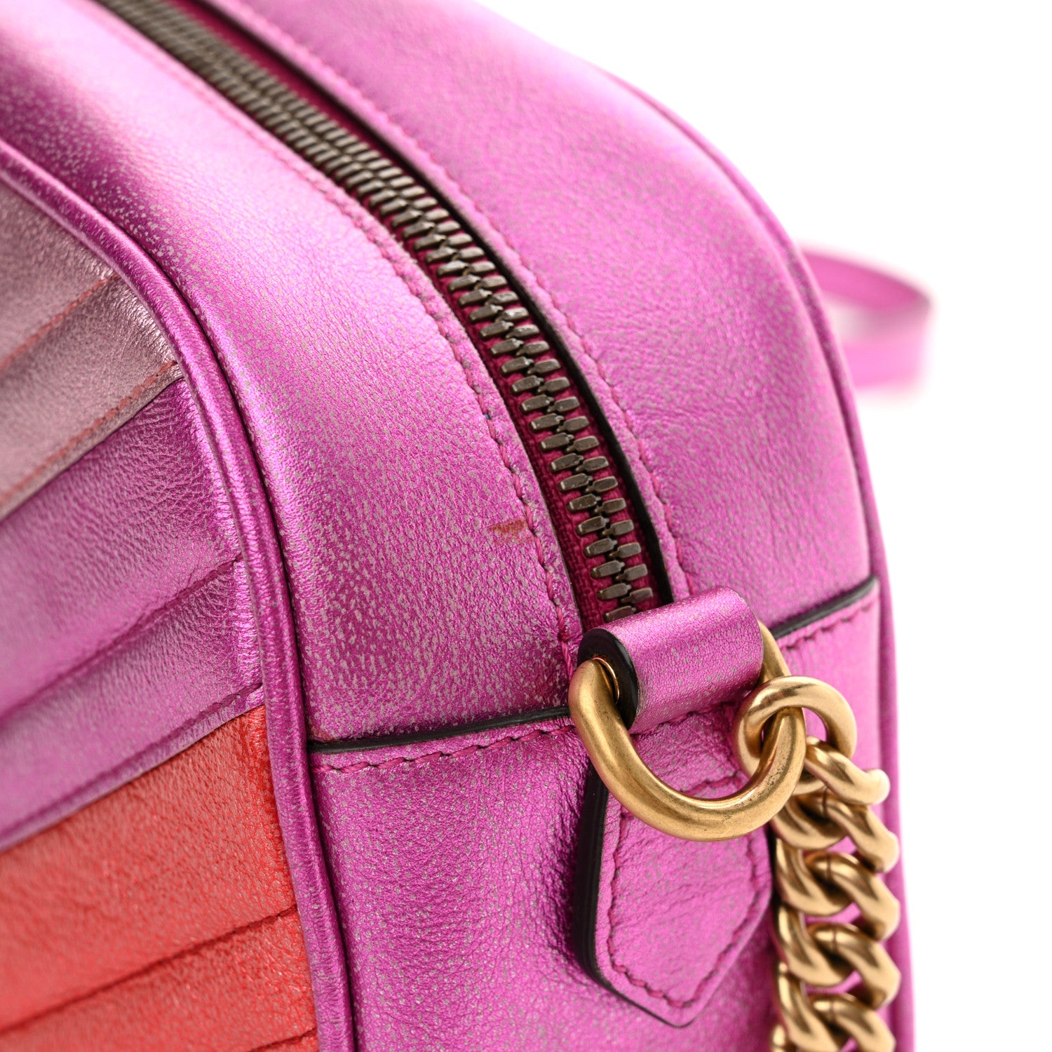 Gucci Laminated Nappa Matelasse Small GG Marmont Chain Shoulder Bag Fuxia Rosso Rosa 13 of 15