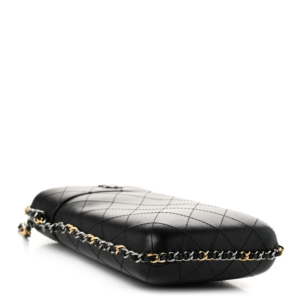 Lambskin Quilted Chain Around Phone Holder Black