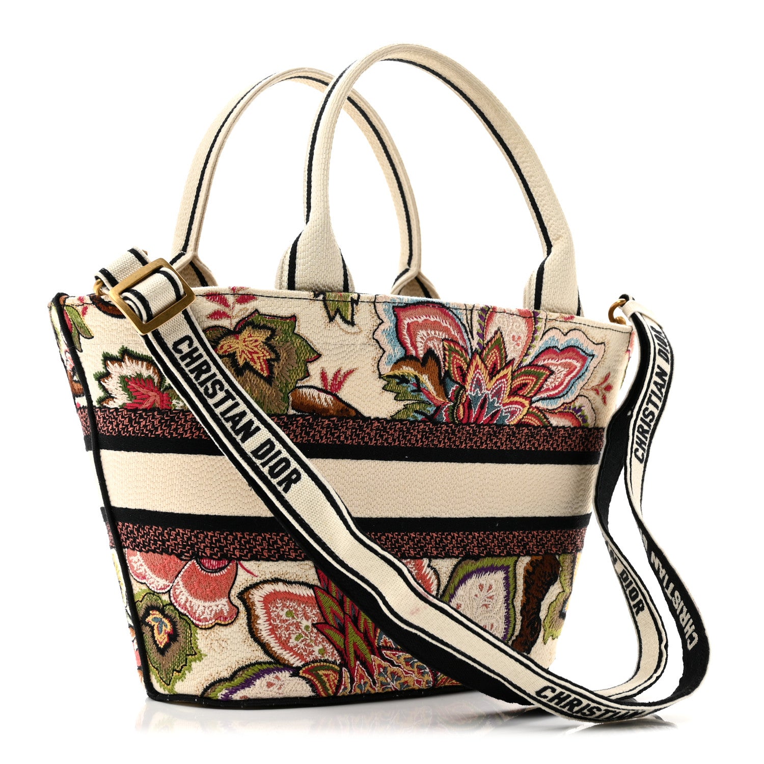 Christian Dior Canvas Embroidered Floral Panier Chapeau Tote White Multicolor 4 of 12