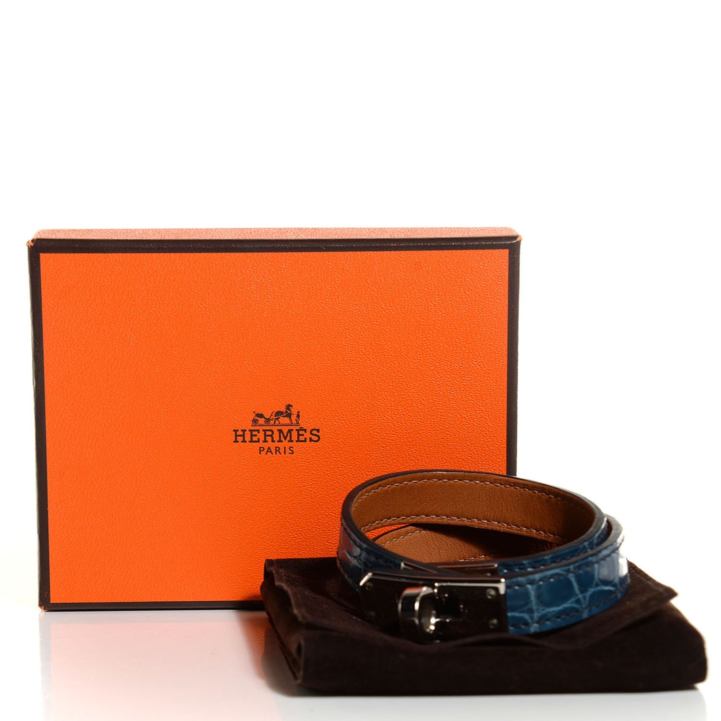 Shiny Alligator Kelly Double Tour Bracelet Small Blue Jean