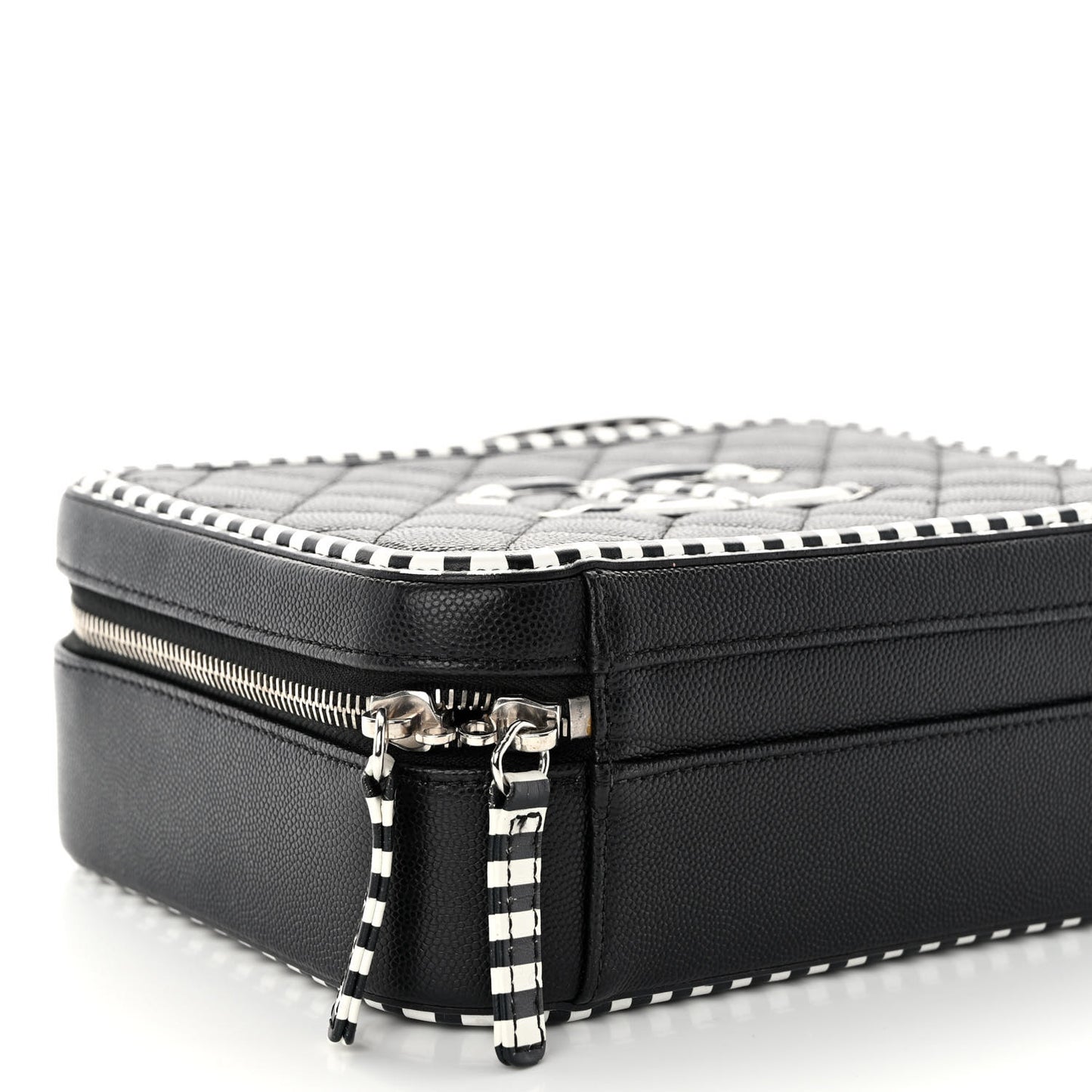 Caviar Quilted Striped Medium CC Filigree Vanity Case Black White