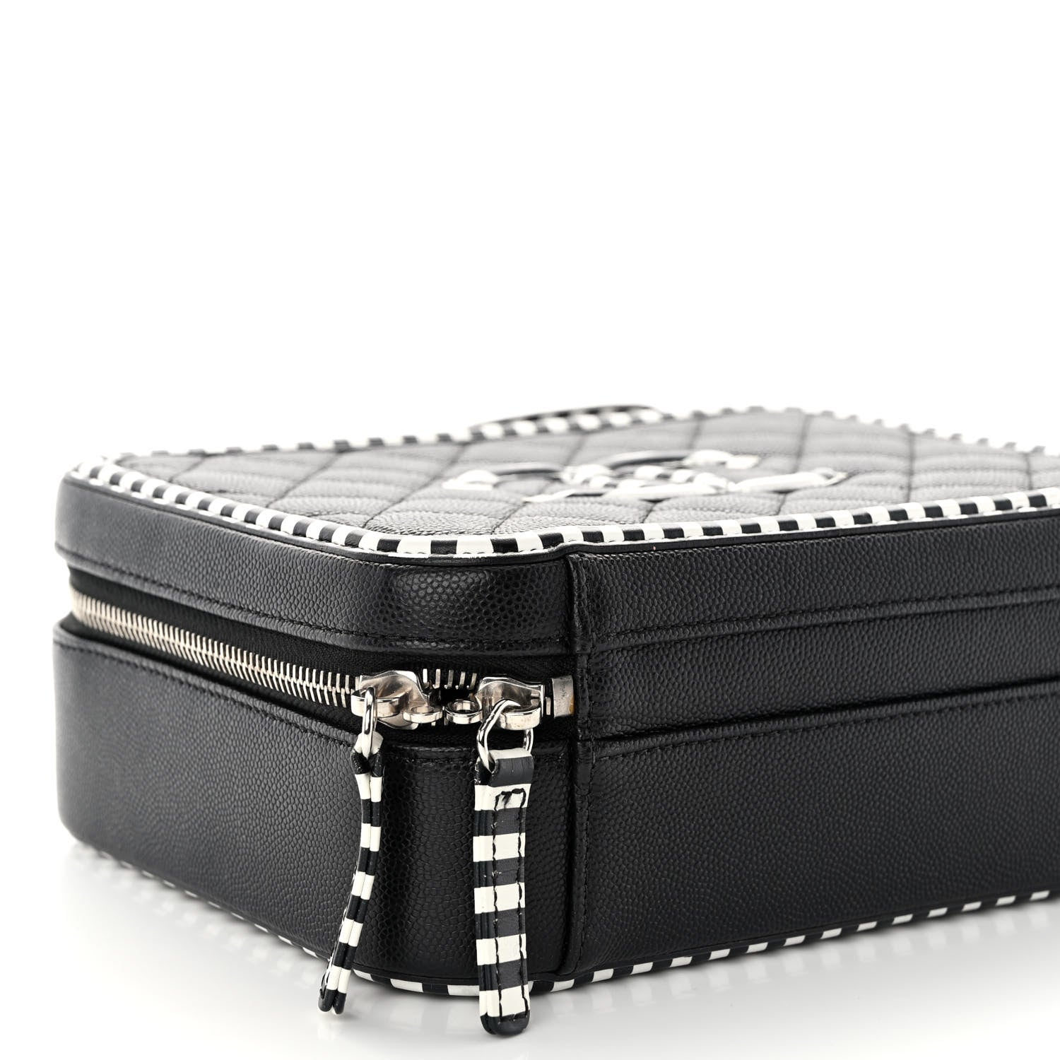 Chanel Caviar Quilted Striped Medium CC Filigree Vanity Case Black White 9 of 10