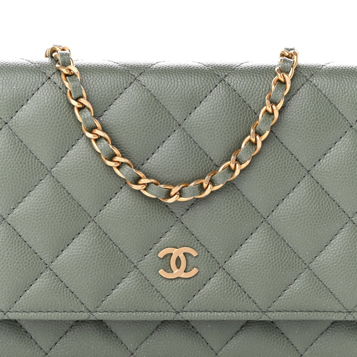 Iridescent Caviar Quilted Wallet On Chain WOC Green