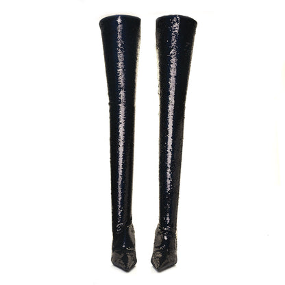 Balenciaga Metallic Sequin Spandex 110mm Knife Thigh High Boots 38 Black 2 of 7
