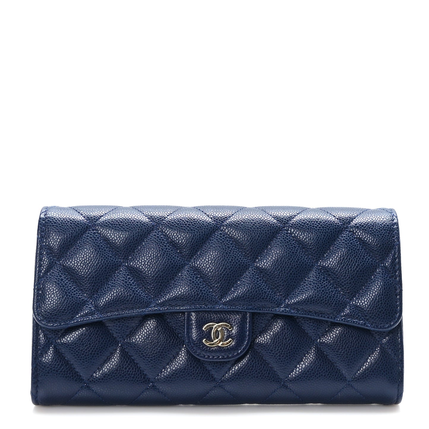 Caviar Quilted Large Gusset Flap Wallet Navy