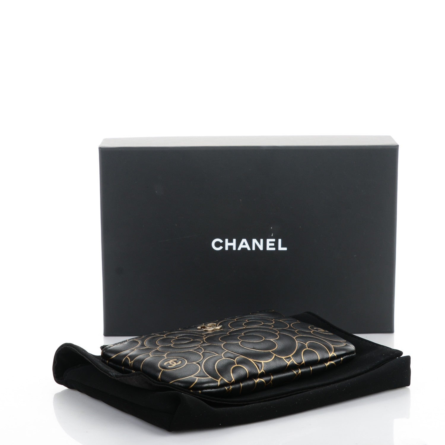 Chanel Lambskin Camellia Embossed Cosmetic Pouch Black Gold 4 of 7