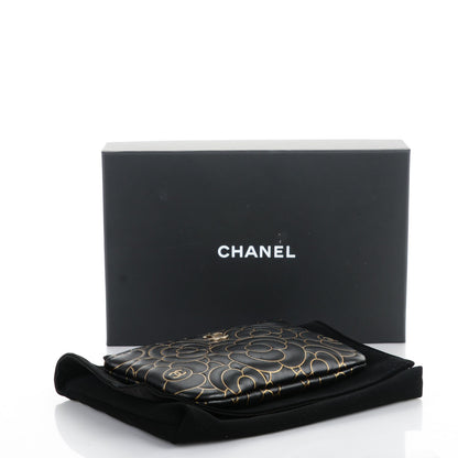 Chanel Lambskin Camellia Embossed Cosmetic Pouch Black Gold 4 of 7