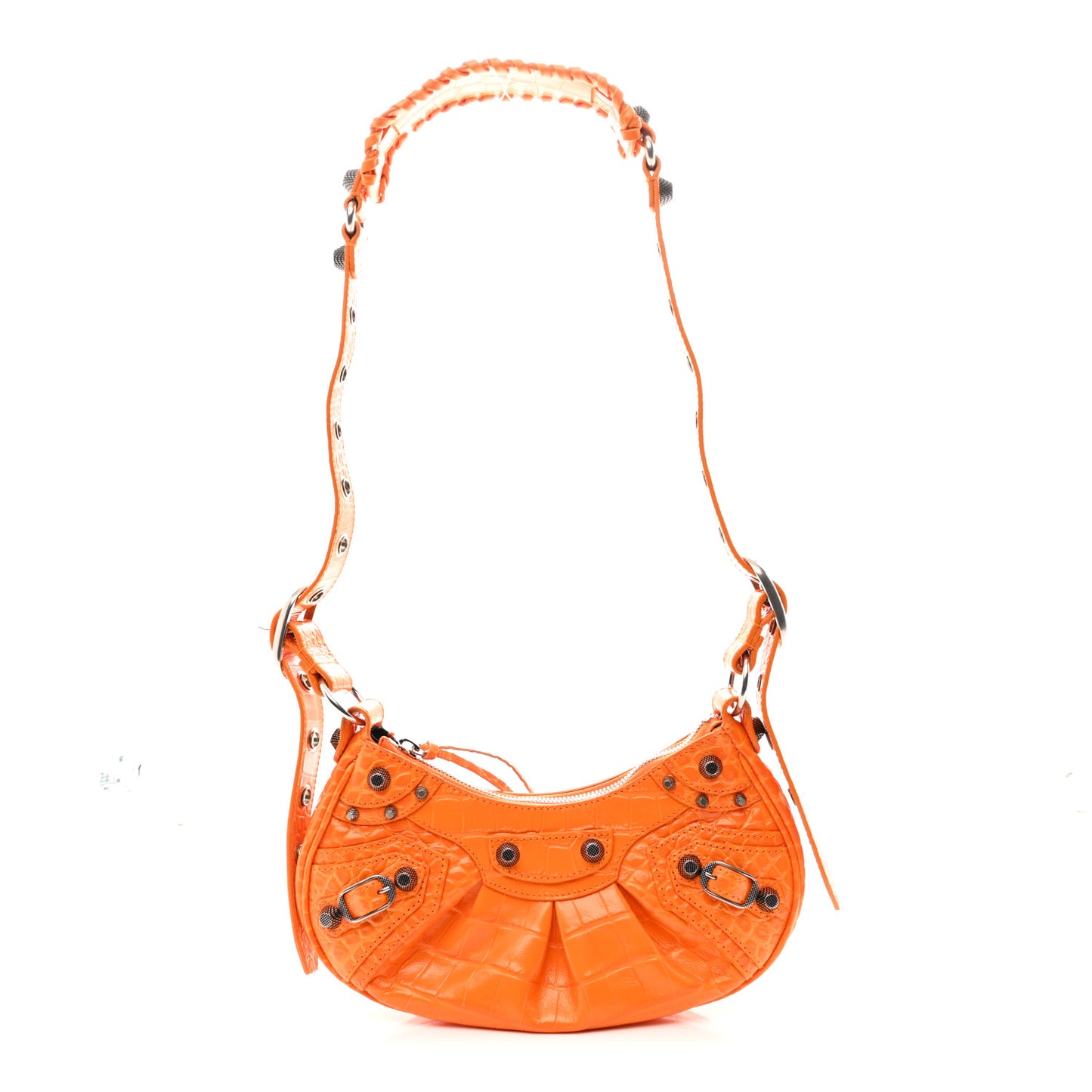Extra Supple Calfskin Crocodile Embossed Le Cagole Shoulder Bag XS Pop Orange