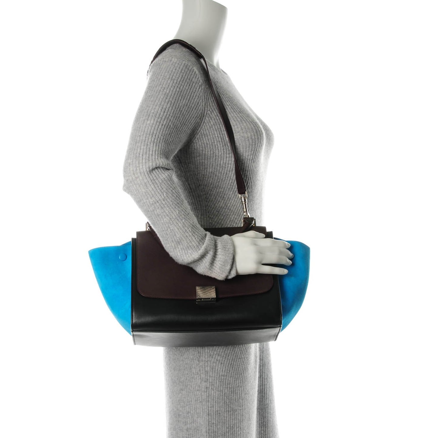 Smooth Calfskin Suede Small Tri-Color Trapeze Turquoise