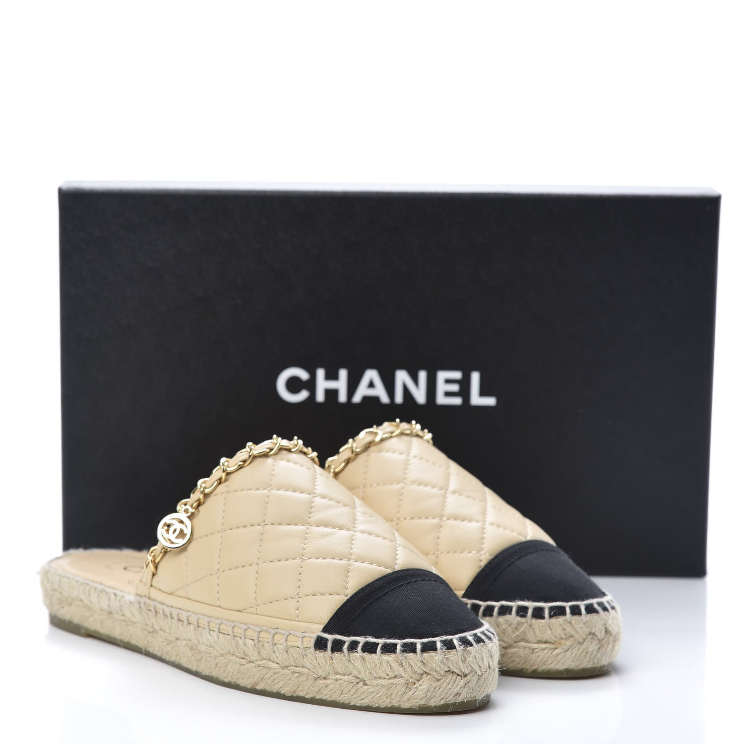 Chanel Lambskin Grosgrain Quilted CC Chain Espadrille Mules 35 Beige Black 12 of 12
