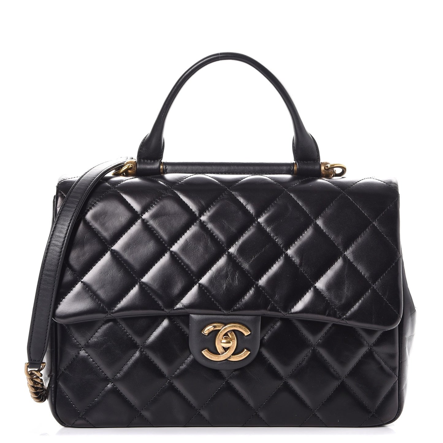 Calfskin Quilted Large Gold Bar Top Handle Flap Black