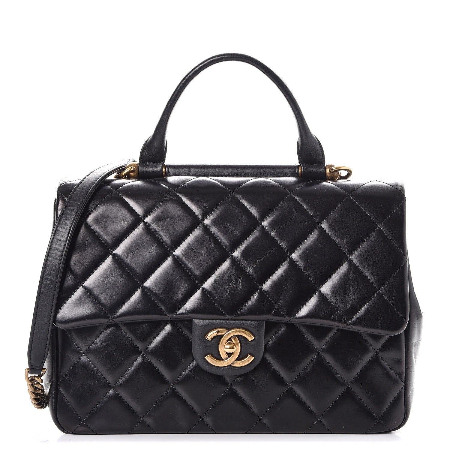 Chanel Calfskin Quilted Large Gold Bar Top Handle Flap Black 1 of 10