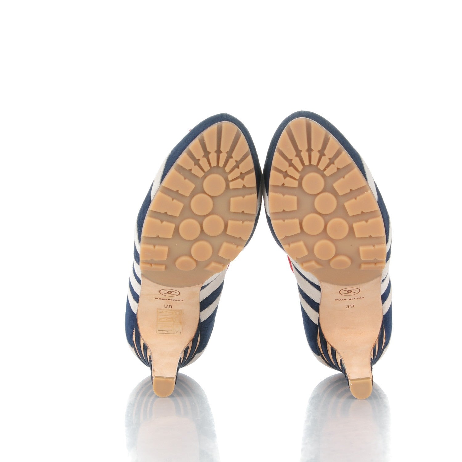 Chanel Suede Cork CC Striped Pumps 39 Navy White 5 of 9
