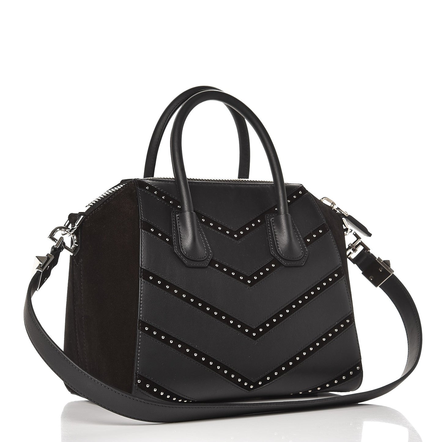Calfskin Suede Small Studded Chevron Antigona Black