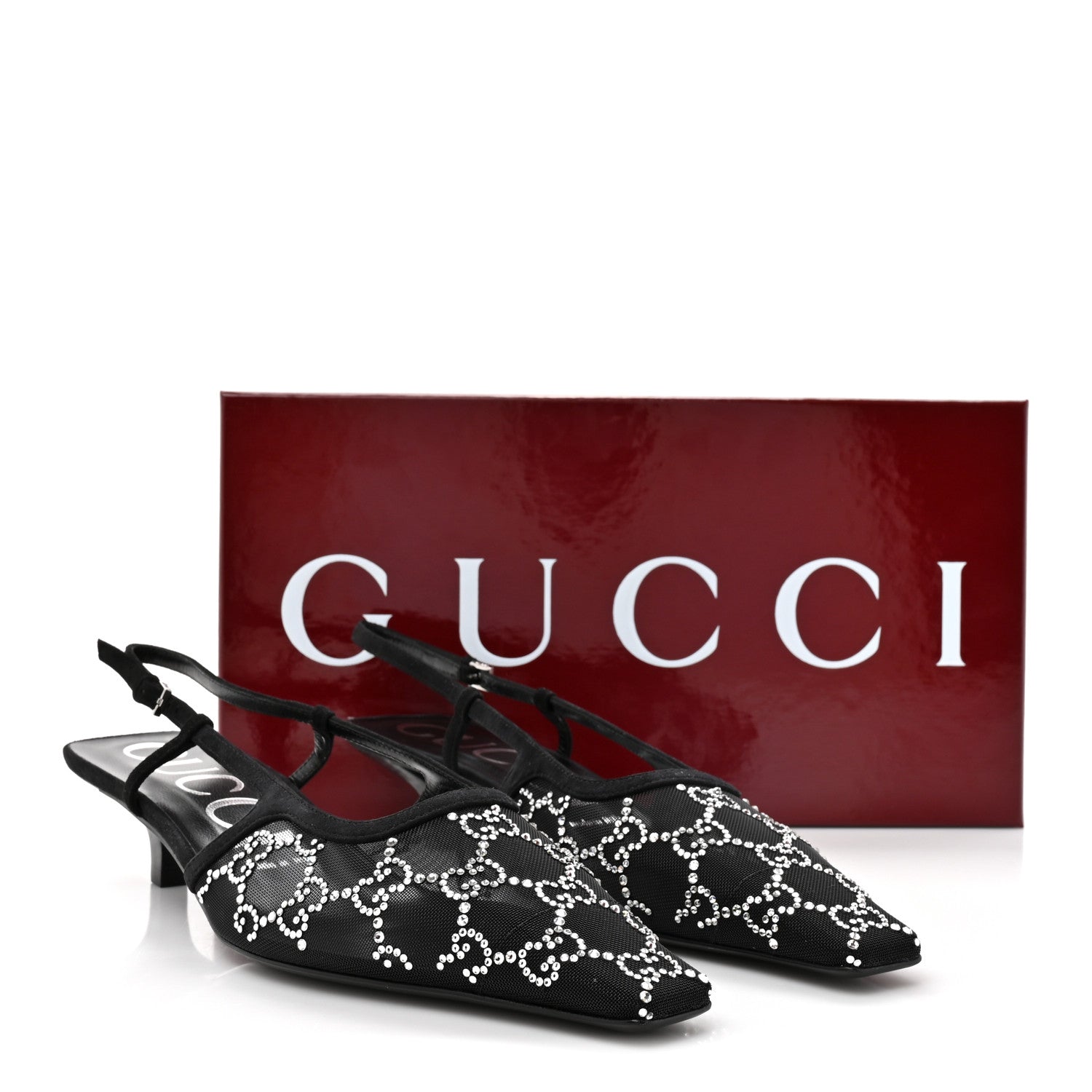 Gucci Tela Retino Kid Scamosciato Crystal GG Monogram Square G 35mm Slingback Pumps 38.5 Black 9 of 9
