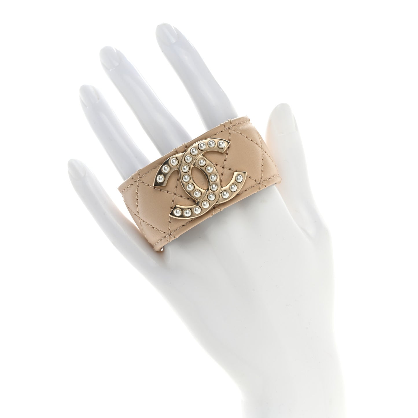 Lambskin Quilted Pearl CC Cuff Bracelet Beige