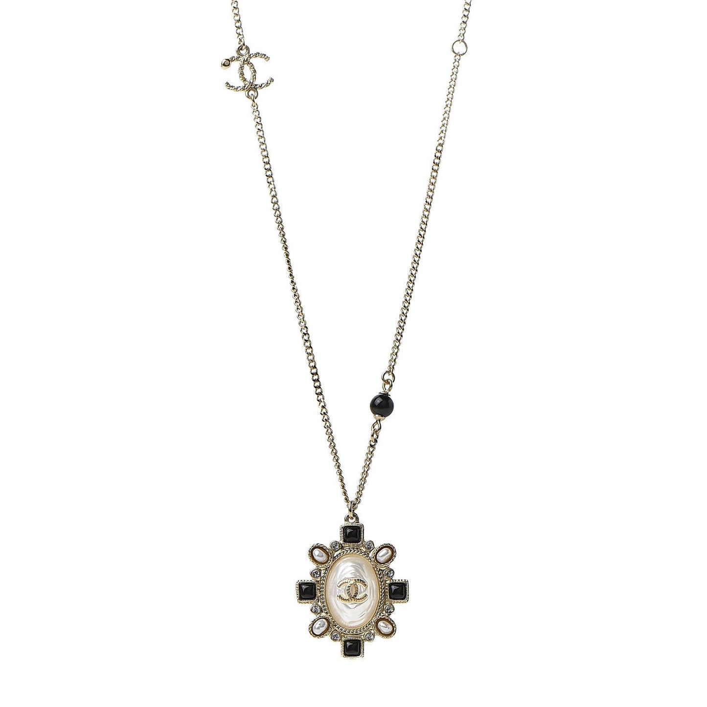 Crystal Pearl Beaded CC Long Necklace Black Gold