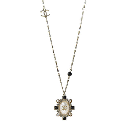 Chanel Crystal Pearl Beaded CC Long Necklace Black Gold 1 of 5