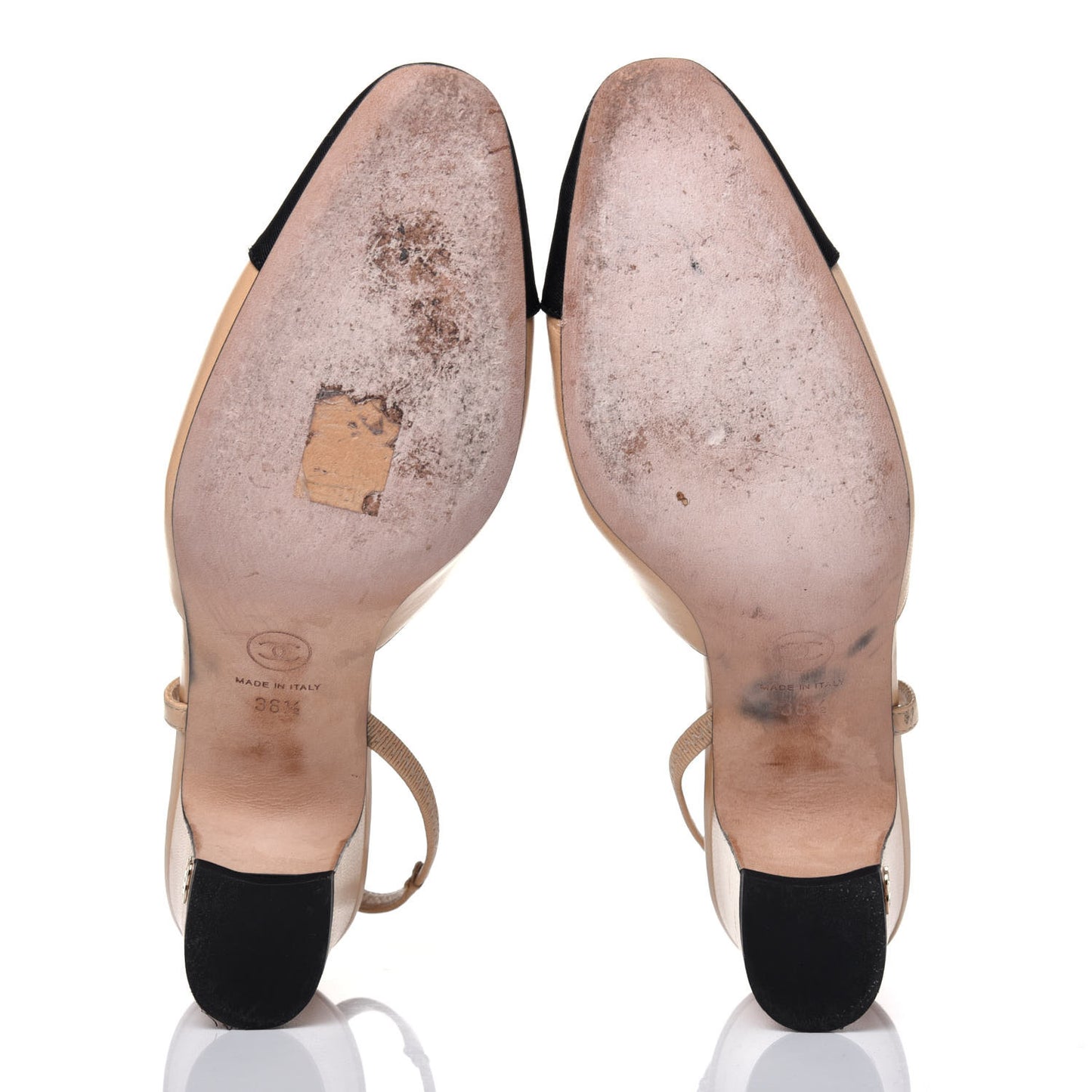 Goatskin Grosgrain Cap Toe CC Slingback Pumps 36.5 Beige Black
