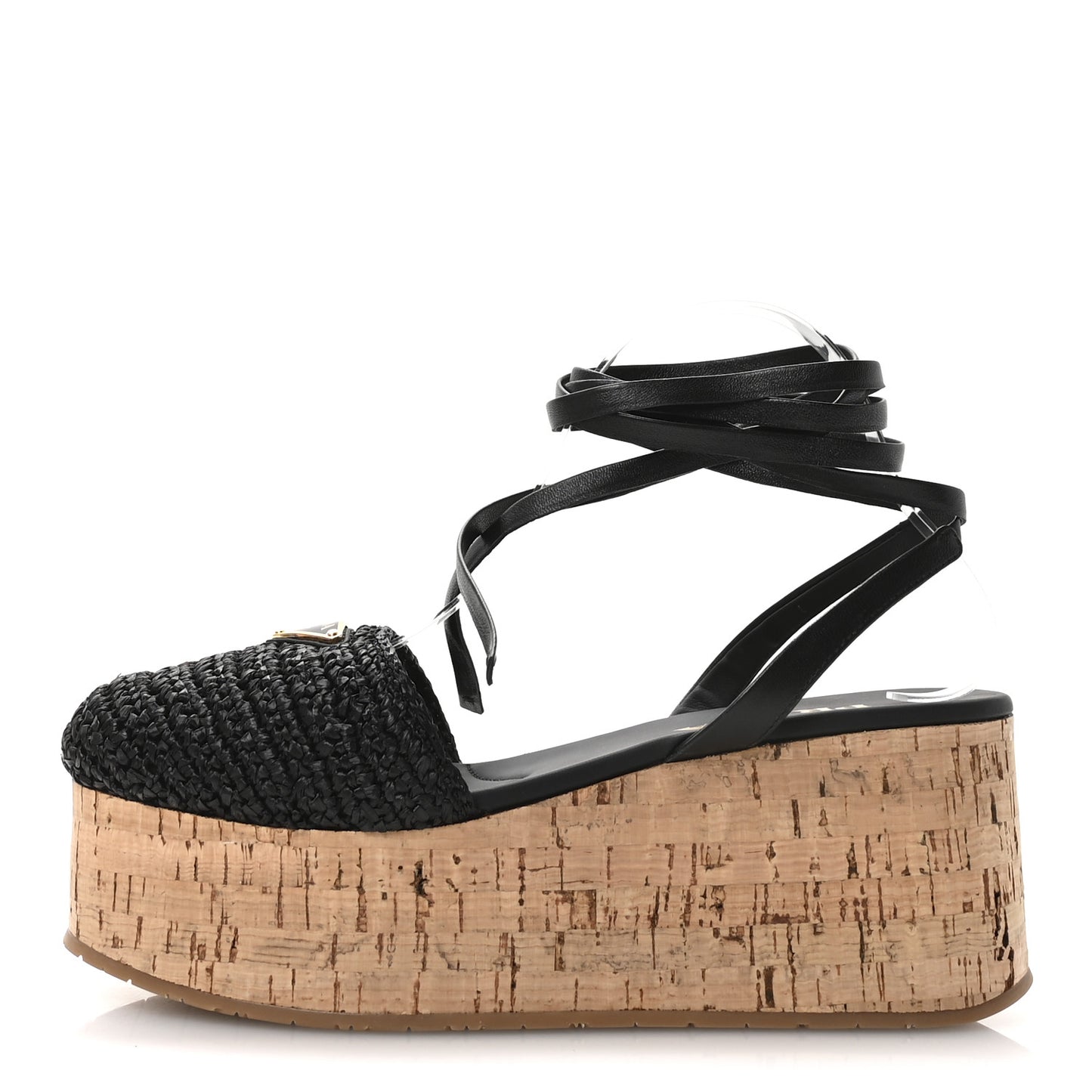Raffia Cork Triangle Crochet Ankle Strap Platform 75mm Sandals 40 Black