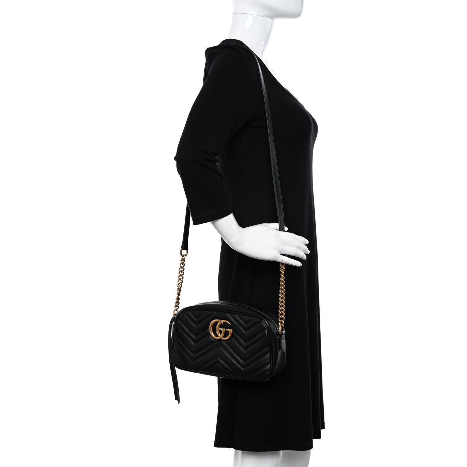 Gucci Calfskin Matelasse Small GG Marmont Chain Shoulder Bag Black 2 of 12