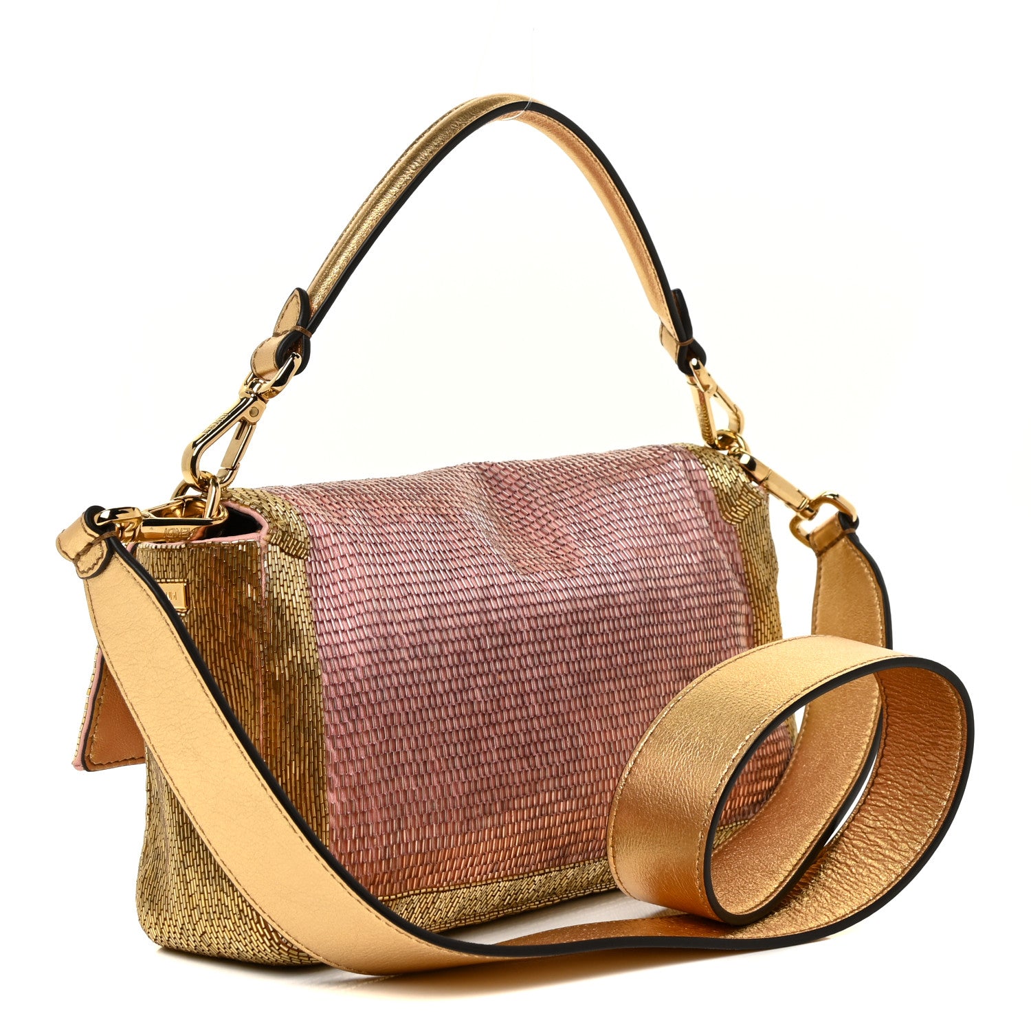 Fendi Vitello Catalan Mirror Bead Embroidered Baguette Rosa Pesca Gold 3 of 17