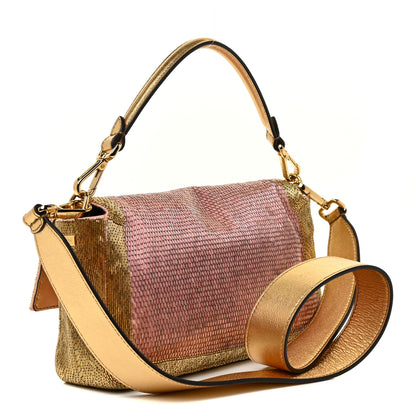 Fendi Vitello Catalan Mirror Bead Embroidered Baguette Rosa Pesca Gold 3 of 17