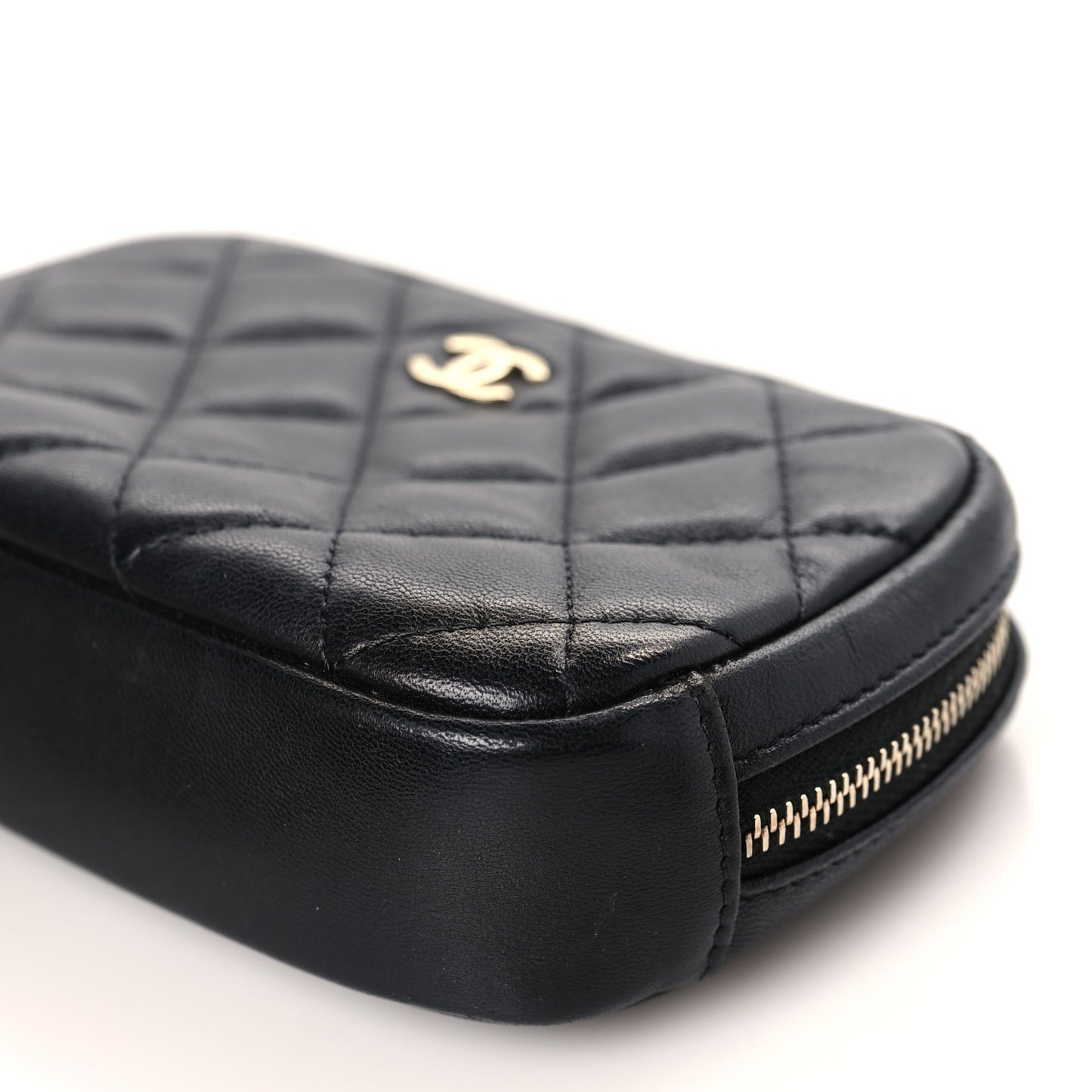 Lambskin Quilted Small Curvy Pouch Cosmetic Case Black