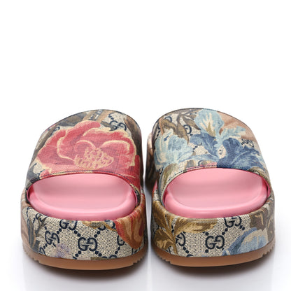 Gucci GG Supreme Monogram Water Flora Angelina Platform Slide Sandals 37 Beige Blue Multicolor 2 of 8