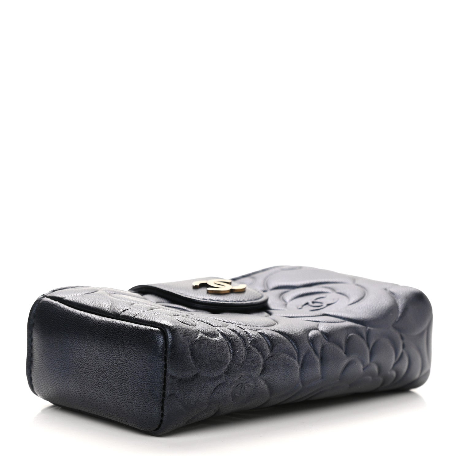 Chanel Lambskin Camellia Embossed Mini Phone Holder Clutch Dark Blue 4 of 7