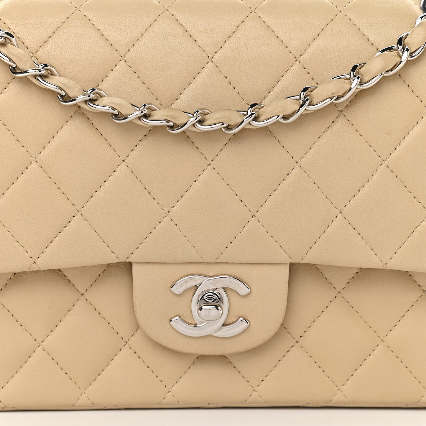Lambskin Quilted Medium Double Flap Beige