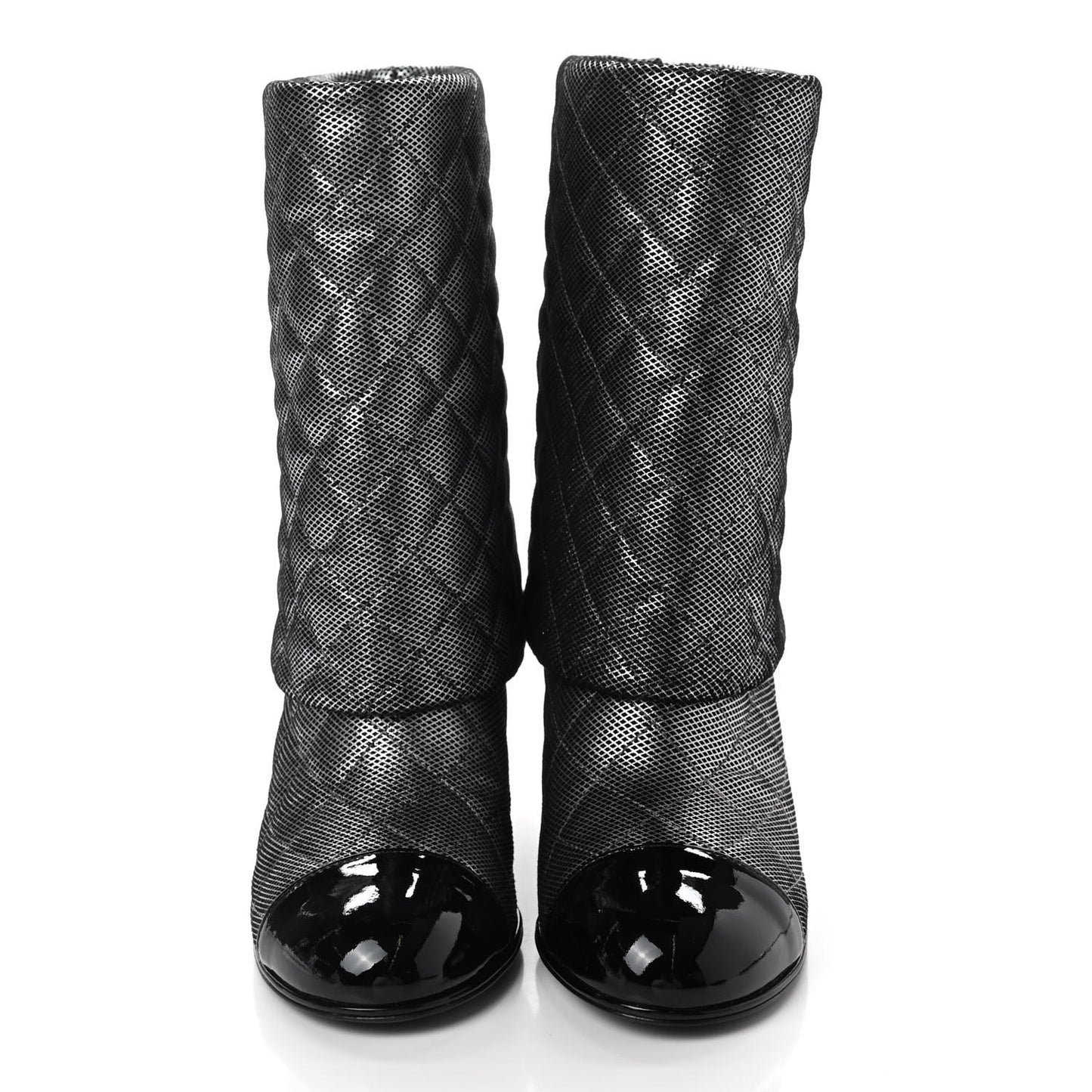 Fantasy Calfskin Patent Foldover CC Cap Toe Clover Short Boots 36 Silver Black
