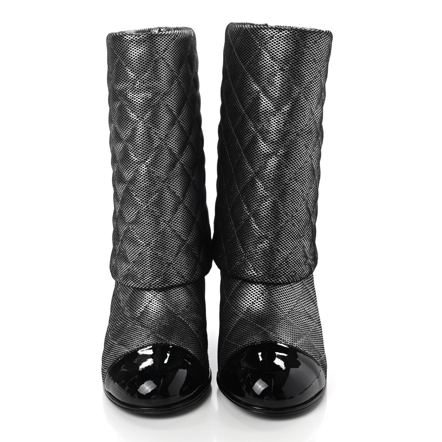 Chanel Fantasy Calfskin Patent Foldover CC Cap Toe Clover Short Boots 36 Silver Black 2 of 8
