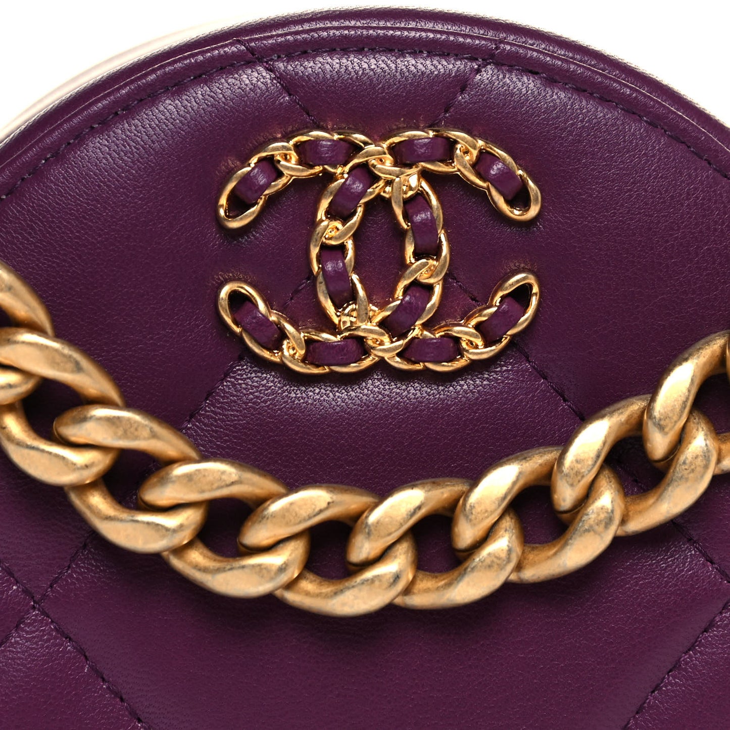 Goatskin Quilted Chanel 19 Round Clutch With Chain Purple