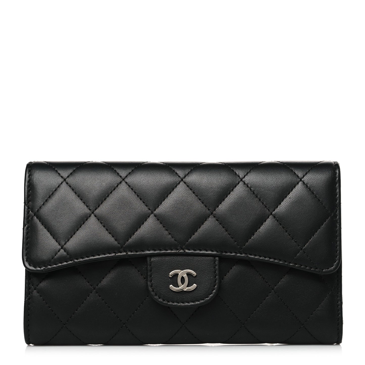 Lambskin Quilted Large Gusset Flap Wallet Black