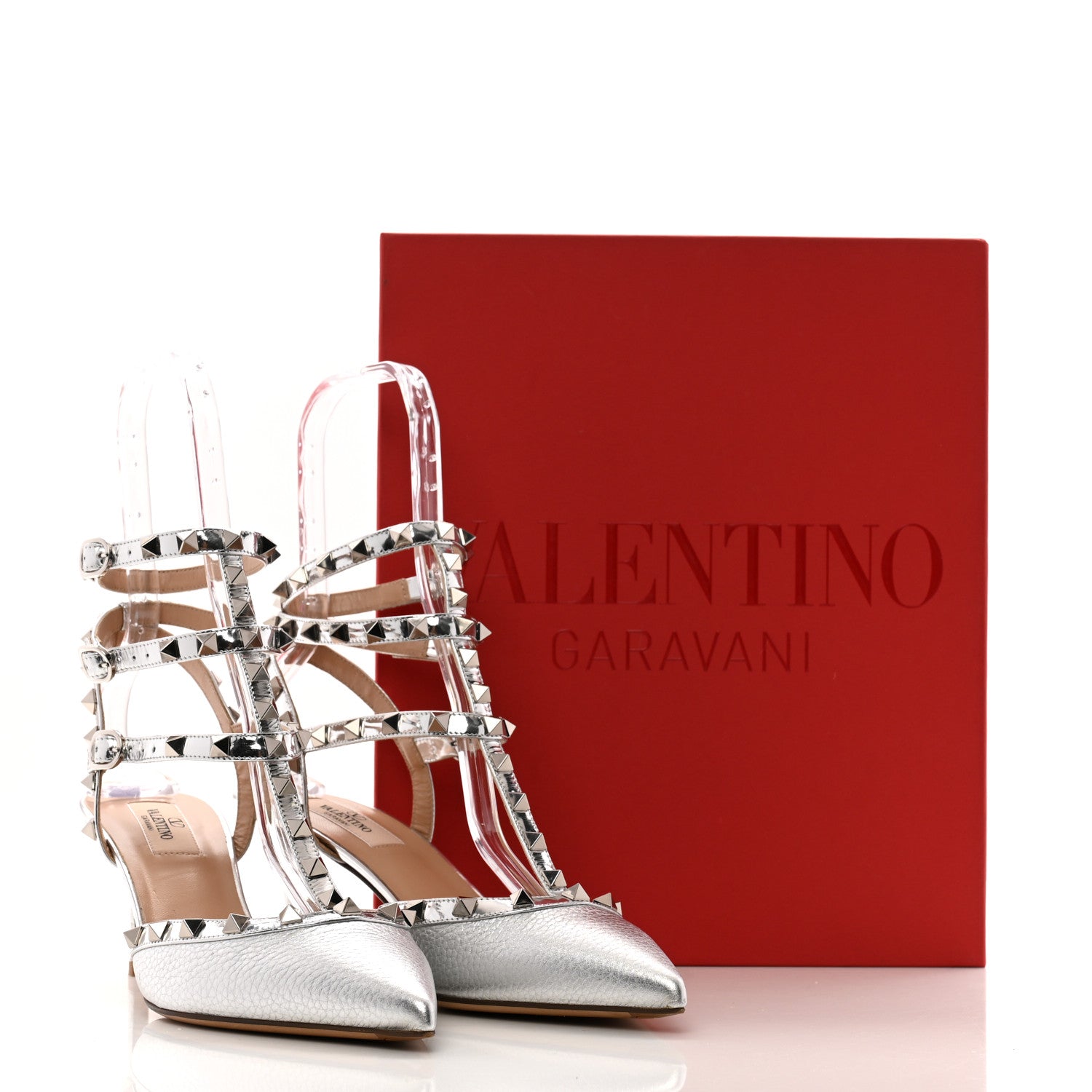 Valentino Garavani Metallic Pebbled Calfskin Rockstud Ankle Strap 65mm Pumps 40 Silver 13 of 13