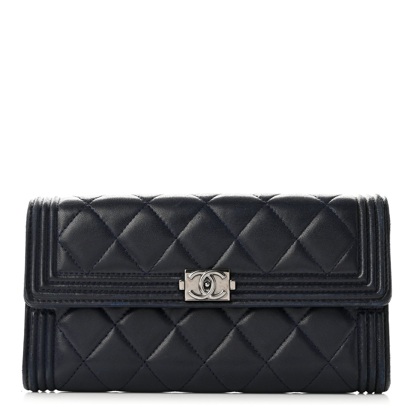 Lambskin Quilted Boy Large Gusset Flap Wallet Navy